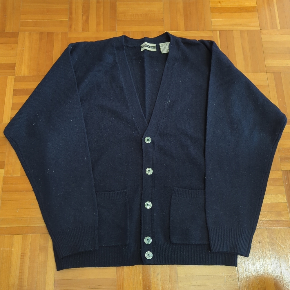 Vintage Retreat Men's Dark Blue 100% Wool Cardigan Sweater